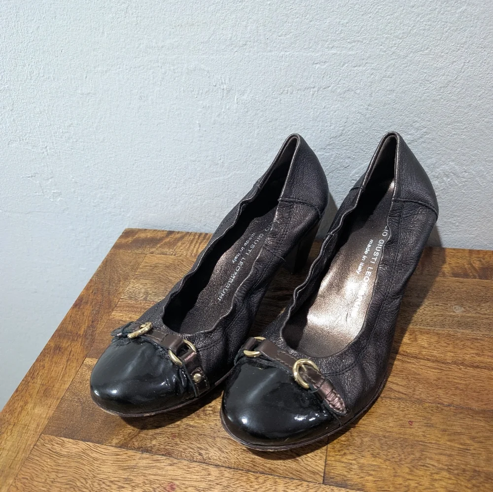 AGL Attilio Giusti Leombruni Bronze‎ Black Leather Buckle Pumps Size 38.5/8.5